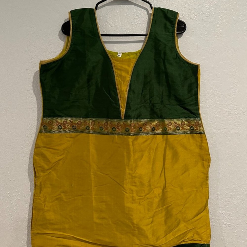Mustard green/ yellow silk kurta, tag XXL